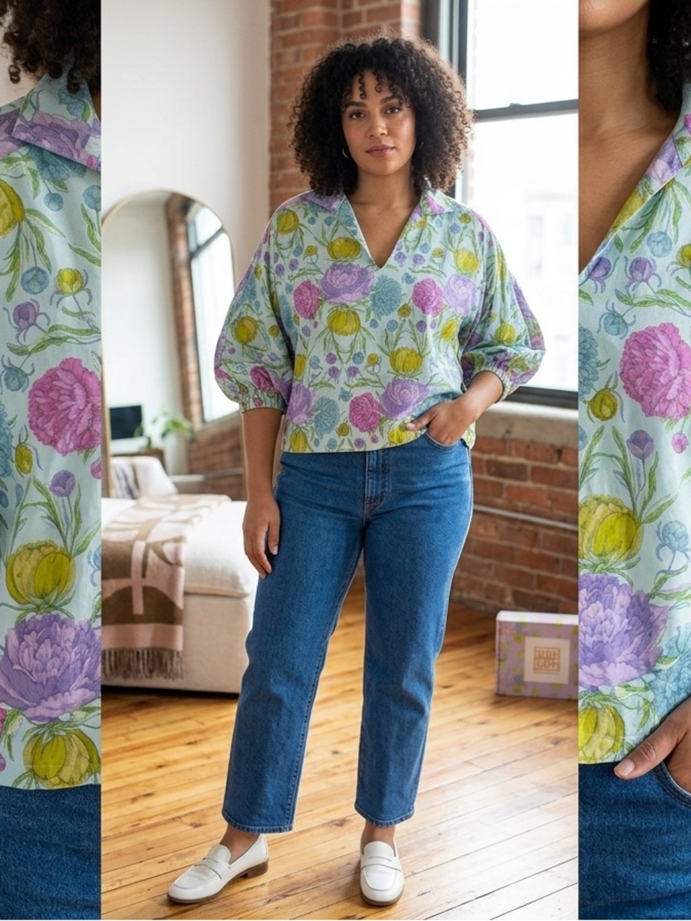 Emily McCarthy V-Neck Pastel Floral Balloon Sleeve Blouse